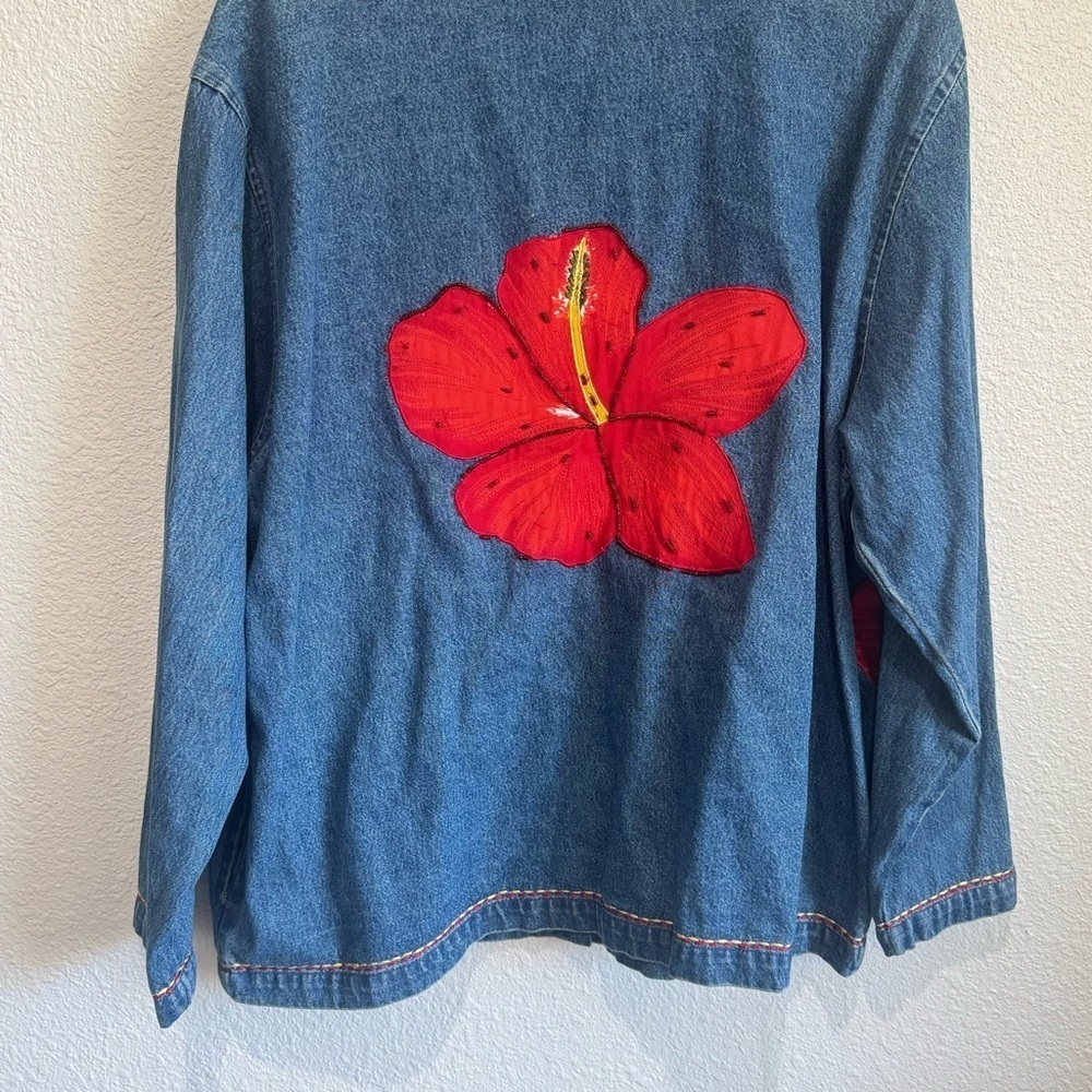 VTG Womens 1X Hibiscus Beaded Denim Jacket Boho Festival Floral Shacket Blue - Picture 7 of 10